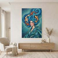 Mystical Woman with Koi Fish Canvas Print Wall Art, Elegant Fantasy Style Decor - Mockup Display 11
