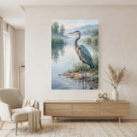 Great Blue Heron Oil Painting Style Canvas Print Wall Art, Serene Waterside Decor - Mockup Display 11