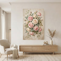 Romantic Pink Cream Roses Floral Oil Painting Style Canvas Print Wall Art Elegant Decor - Mockup Display 11