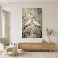 Elegant White Cranes Oil Painting Style Canvas Print Wall Art, Serene Decor - Mockup Display 11
