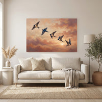 Barn Swallows Sunset Sky Oil Painting Style Canvas Print Wall Art for Nature Lovers - Mockup Display 11