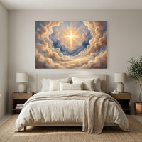 Radiant Cross in Divine Clouds Oil Painting Style Canvas Print Wall Art, Spiritual Decor - Mockup Display 11