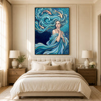 Mystical Water Woman with Koi Fish Oil Painting Style Canvas Print Wall Art Serene - Mockup Display 11