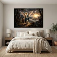 Divine Guardian Angel & Child Oil Painting Style Canvas Print Wall Art, Serene Landscape - Mockup Display 11