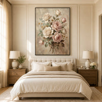 Romantic Blush & Cream Roses Oil Painting Style Canvas Print Wall Art, Elegant Home Decor - Mockup Display 11