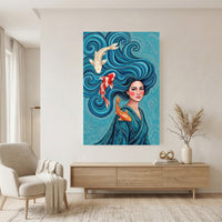 Vibrant Woman with Koi Fish Artistic Canvas Print Wall Art, Elegant Home Decor - Mockup Display 11