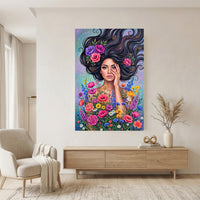 Vibrant Boho Woman & Flowers Canvas Print Wall Art, Expressive Modern Decor - Mockup Display 11