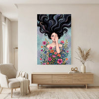 Mystical Woman with Vibrant Flowers Artistic Canvas Print Wall Art, Dreamy Portrait - Mockup Display 11