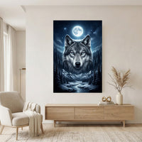 Mystical Blue-Eyed Wolf & Winter Moonlight Forest Canvas Print Wall Art Decor - Mockup Display 11