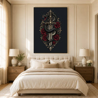 Gothic Snake & Skull Sword with Red Roses Illustrative Canvas Print Wall Art, Dark Fantasy Decor - Mockup Display 11