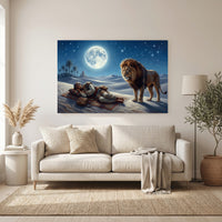 Desert Night Lion and Sleeping Man Oil Painting Style Canvas Print Wall Art - Mockup Display 11