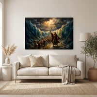 Moses Parting Red Sea Oil Painting Style Canvas Print Wall Art, Dramatic Biblical Scene - Mockup Display 11