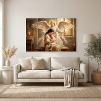 Guardian Angel Protecting Mother and Child Oil Painting Style Canvas Print Wall Art, Serene - Mockup Display 11