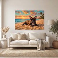 Cool French Bulldog Sunset Beach Oil Painting Style Canvas Print Wall Art for Dog Lovers - Mockup Display 11