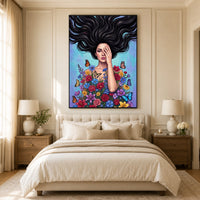 Vibrant Pop Art Woman with Flowers & Butterflies Canvas Print Wall Art Décor - Mockup Display 11