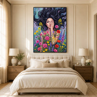 Mystic Woman Floral Canvas Print Wall Art with Flowing Hair, Vibrant Garden Style - Mockup Display 11