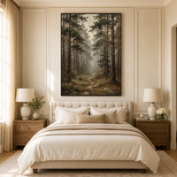 Misty Pine Forest Pathway Oil Painting Style Canvas Print Wall Art, Serene Decor - Mockup Display 11