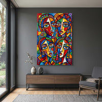 Colorful Abstract Faces Stretched Canvas Wall Art, Modern Geometric Portrait Print, Bold Room Decor