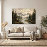 Serene Mountain Forest River Oil Painting Style Canvas Print Wall Art Décor - Mockup Display 11