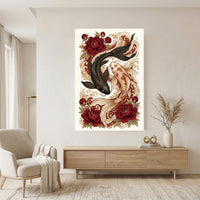 Yin Yang Koi Fish Peony Japanese Art Style Canvas Print Wall Art, Elegant Decor - Mockup Display 11
