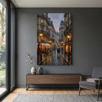 Paris Street Stretched Canvas Wall Art, Rainy City Print, Elegant Urban Decor