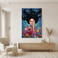 Vibrant Woman with Flowing Hair and Flowers Canvas Print Wall Art, Enchanting Decor - Mockup Display 11