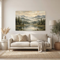 Misty Mountain Lake Landscape Oil Painting Style Canvas Print Wall Art, Rustic Decor - Mockup Display 11