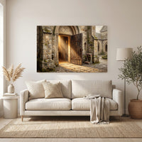 Ancient Church Entrance Sunlit Path Oil Painting Style Canvas Print Wall Art - Mockup Display 11