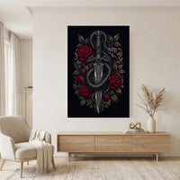 Intricate Dark Fantasy Snake & Dagger Roses Canvas Print Wall Art, Ornate Elegance - Mockup Display 11