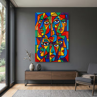 Geometric Faces Stretched Canvas Wall Art, Colorful Modern Portrait Print, Bold Living Room Decor