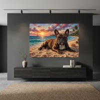 French Bulldog in Glasses on Tropical Sunset Beach Oil Painting Style Canvas Print Wall Art - Mockup Display 11
