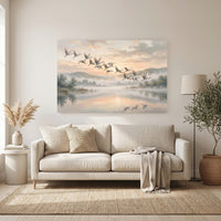 Serene Cranes Flying Oil Painting Style Canvas Print Wall Art for Tranquil Decor - Mockup Display 11