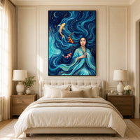 Mystical Asian Woman Koi Fish Oil Painting Style Canvas Print Wall Art, Elegant Decor - Mockup Display 11