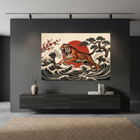 Dynamic Japanese Ukiyo-e Tiger Waves & Sun Canvas Print Wall Art, Zen Decor - Mockup Display 11