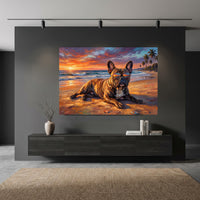 French Bulldog Sunset Beach Oil Painting Style Canvas Print Wall Art, Vibrant - Mockup Display 11