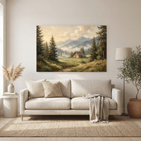 Misty Mountain Valley Cabin Oil Painting Style Canvas Print Wall Art Scenic Decor - Mockup Display 11