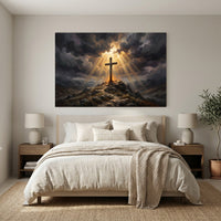 Dramatic Cross on Hill Oil Painting Style Canvas Print Wall Art, Spiritual Light - Mockup Display 11