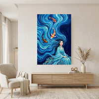 Mythical Woman Koi Fish Oil Painting Style Canvas Print Wall Art, Zen Decor - Mockup Display 11