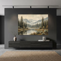 Serene Forest Lake Landscape Oil Painting Style Canvas Print Wall Art, Tranquil View - Mockup Display 11