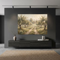 Misty Orchard Path Oil Painting Style Canvas Print Wall Art, Serene Landscape - Mockup Display 11
