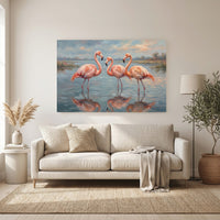 Three Pink Flamingos Oil Painting Style Canvas Print Wall Art, Serene Decor - Mockup Display 11