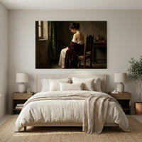 Contemplative Woman in Red Shawl, Classical Oil Painting Style Canvas Print Wall Art, Elegant. - Mockup Display 11