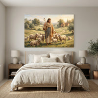Good Shepherd Jesus Christ Oil Painting Style Canvas Print Wall Art, Serene Biblical Landscape - Mockup Display 11