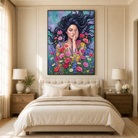 Woman in Wildflowers Oil Painting Style Canvas Print Wall Art with Vibrant Hues - Mockup Display 11