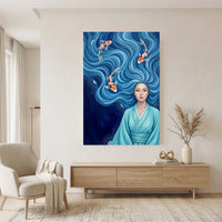 Serene Asian Woman with Flowing Blue Hair & Koi Fish Canvas Print Wall Art - Mockup Display 11