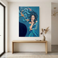 Mystical Woman & Koi Fish Oil Painting Style Canvas Print Wall Art, Serene Decor - Mockup Display 12