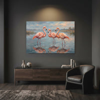 Three Pink Flamingos Oil Painting Style Canvas Print Wall Art, Serene Decor - Mockup Display 12