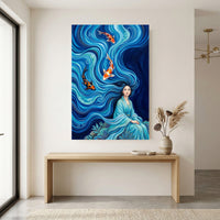 Mythical Woman Koi Fish Oil Painting Style Canvas Print Wall Art, Zen Decor - Mockup Display 12