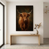 Majestic Highland Cow Portrait Oil Painting Style Canvas Print Wall Art, Rustic Farmhouse Decor - Mockup Display 12