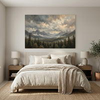 Dramatic Misty Mountain Forest Oil Painting Style Canvas Print Wall Art Decor - Mockup Display 12